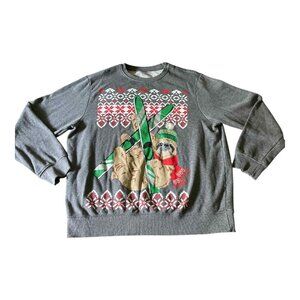 Holiday Time Sweater Mens Large Gray Sloth Skiing Christmas Ugly Pullover Winter